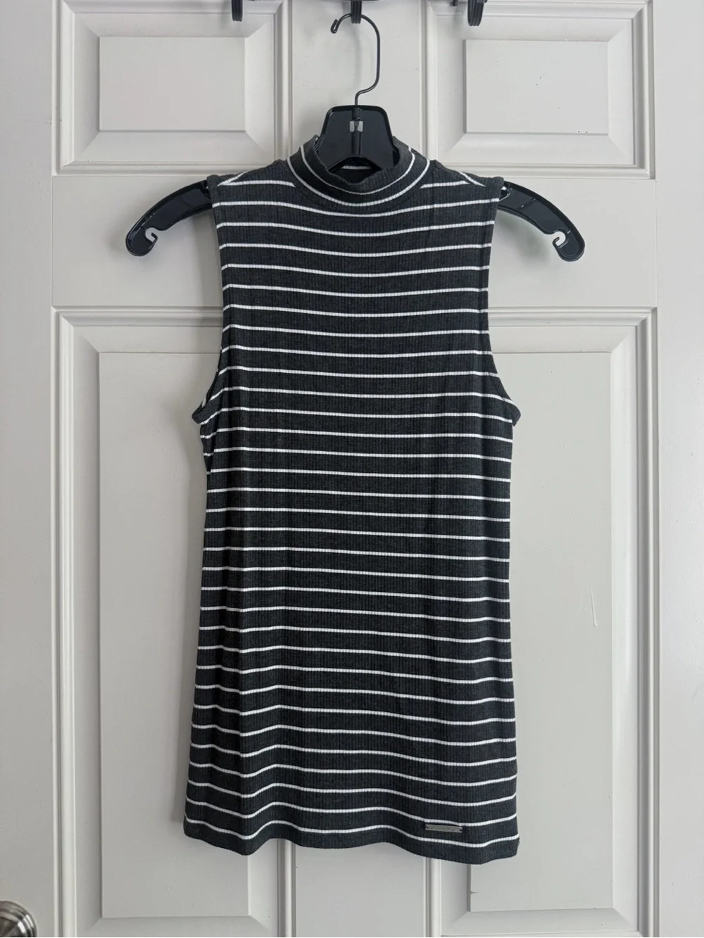 Michael Kors Black and White Striped Sleeveless Mock Neck Top